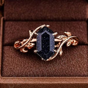 Vintage Blue Sandstone Ring, 18k Rose Gold Leaf Solitaire Promise Ring, Blue Goldstone Jewelry ,Twig Gemstone Ring, Birthday Gift For Women