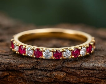 Pink Ruby & Diamond Wedding Band 14k Yellow Gold Half Eternity Band Dainty Bridal Band Delicate Stackable Band Birthstone Anniversary Gift