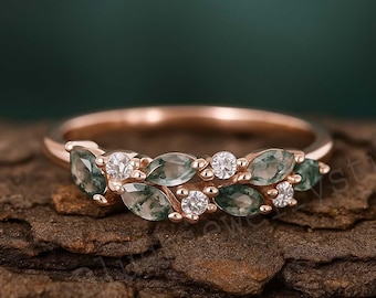 Unique Moss Agate Promise Band, 14K Rose Gold Engagement Rings, Green Gemstone Gift Rings, Custom Birthday Gifts, Natural Aquatic Agate Ring
