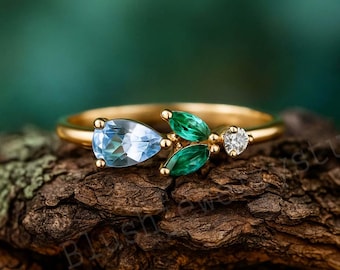 Aquamarine Proposal Ring, Marquise Emerald Dainty Flower Promise Ring Pear Aquamarine Ring, March Birthstone Minimalist Floral Wedding Ring