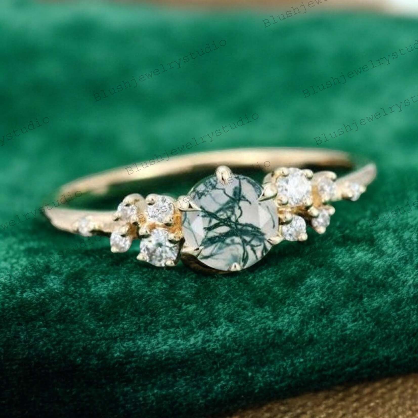 Dainty moss agate promise ring for her, Unique moss agate engagement ring, Rose Gold moss agate ring, Anniversary ring gift
