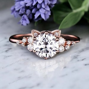 Round Moissanite Cat Engagement Ring Unique Cat Moissanite Cluster Ring Snowdrift Ring 14k Rose Gold Cat Ring Anniversary Gift For Cat Lover