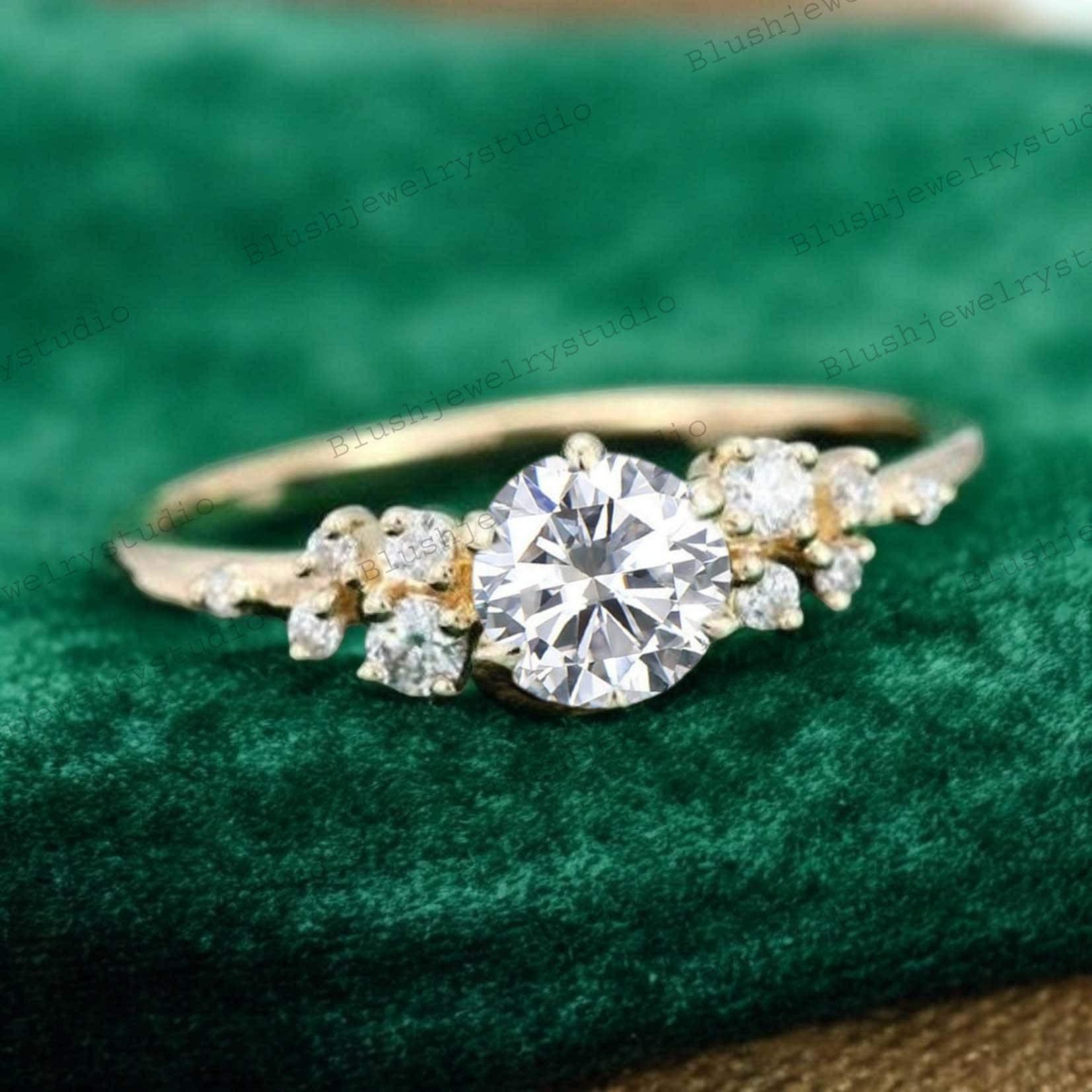 Unique round cut Lab grown Diamond Engagement ring solid 14k Yellow gold 6 prong cluster snowdrift diamond promise wedding ring women gift