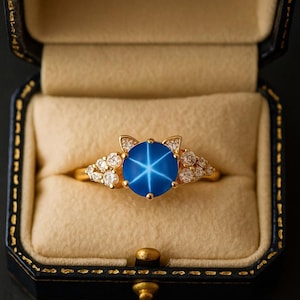 May include: A gold ring with a large, round, blue gemstone featuring a six-pointed star design. The ring has a cat-ear design on top of the gemstone and is surrounded by smaller, clear gemstones. The ring is displayed in a blue and gold jewelry box.
