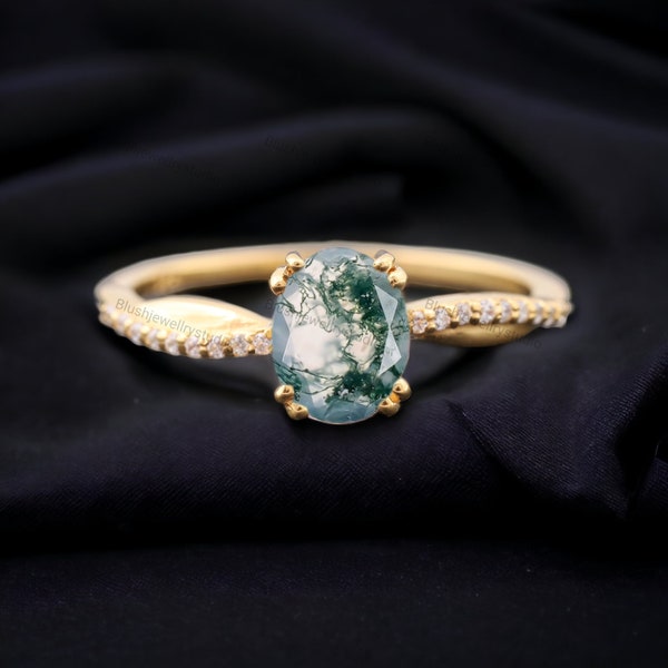 Natural Oval Green Moss Agate Promise Ring 14k Yellow Gold Art Deco Diamond Half Eternity Twist Band Bridal Women Wedding Ring Gift for Love