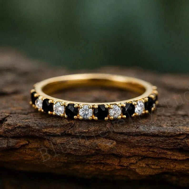 Black Onyx & Diamond Wedding Band 14k Yellow Gold Half Eternity Band ...