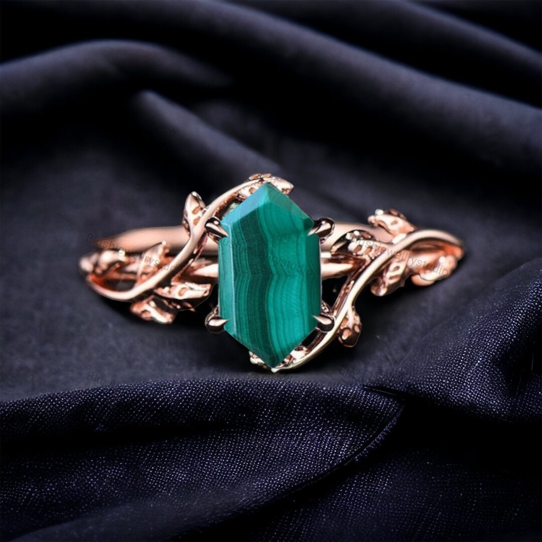 Hexagon Naturel Malachite Engagement Ring 14K Rose Gold Unique Etsy