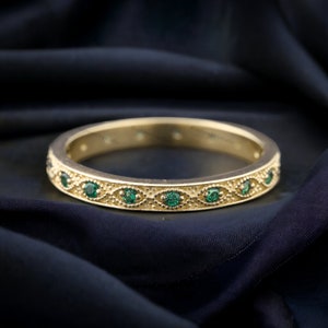 Green Emerald Wedding Band Art Deco Stacking Ring Full Eternity May Birthstone Ring 14k Yellow Gold Plated Jewelry Personalized Gift for Her