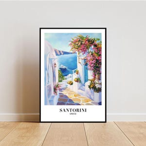 Santorini Greece Travel Landscape Painting Printable Wall Art Poster home decoration Beach Instant download Paint Mediterranean City