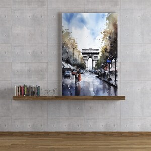 París Francia acuarela paisaje arte digital cartel decoración del hogar París viaje imprimible arte paisaje pared arte Arco del Triunfo