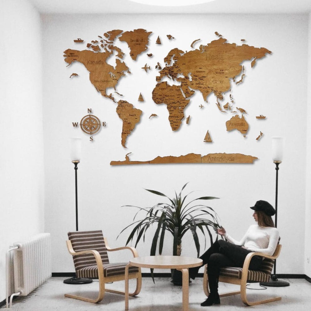 Wooden World Map 2D 120x80 Cm - Etsy