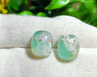 Chrysoprase Gemstone Pair: Aquamarine Green Octagon Cabochons