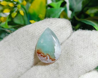 Hand-Carved Chrysoprase Cabochon: Aquamarine Green Pear Gemstone