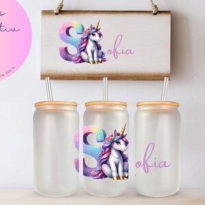 Personalisiertes Glas mit Deckel Einhorn, Name, Buchstaben, Monogramm, Namenstasse, Geschenk Mutter Buchstabe mit Namen, Frau Tochter