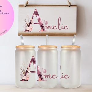 Personalisierte Tasse / Glas mit Deckel und Strohhalm, Monogramm, Namenstasse, Geschenk für Mutter, Buchstabe mit Namen