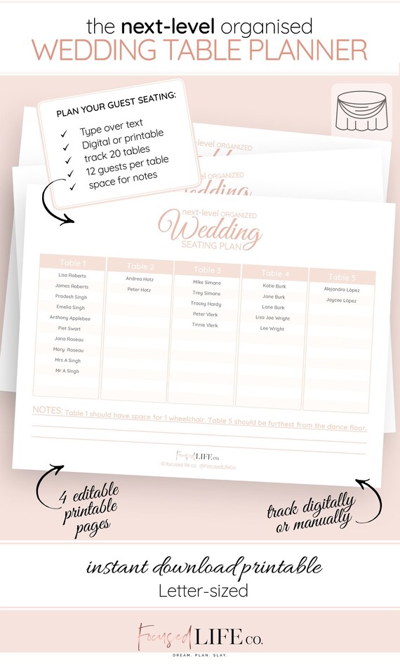 Wedding Reception Seating Planner Printable Guest Table Etsy