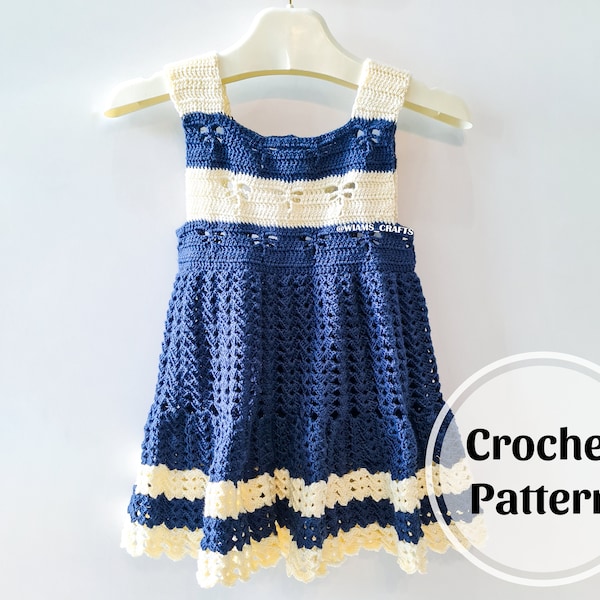 Robe coquillage libellule pour bambin/enfant - Patron au crochet PDF par Wiam's Crafts pour les tailles 1-1,5 ans, six pour les tailles 2-3 ans et 4-5 ans.