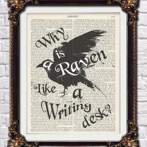 Alice in wonderland Why is a raven like a writing desk quote dictionary print retro kitsch vintage wall art decorations gift sister friend
