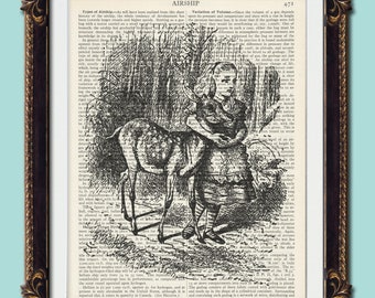 Alice in wonderland and deer dictionary print retro kitch vintage wall art