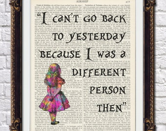 Alice in wonderland Can't go back to yesterday splatter dictionary print retro kitch vintage wall art decorations quotes gift sister nursery