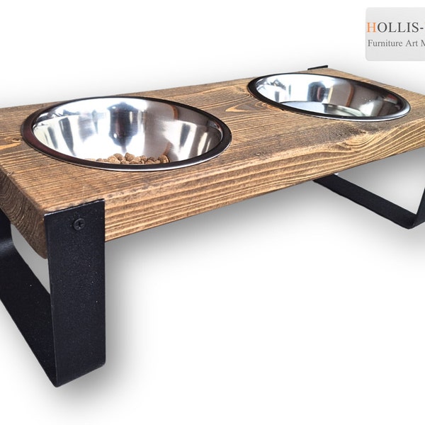 Futterstation Hund Industrial Style mit 2 Näpfen - Hundenapf erhöht, dunkles Holz, Eiche Optik - rustikaler Fressnapf Fressschale Futternapf