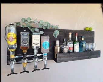 Wandbar met drankdispenser zwart - plank houten wijnrek wandplank bar decoratie cadeau - terras, lounge - whiskybar, gin-likeurplank muur