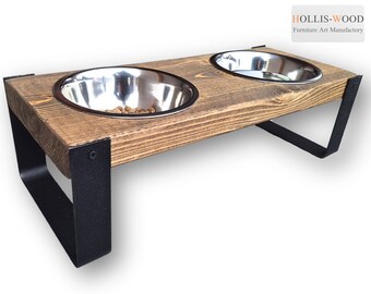 Feeding station dog industrial style with 2 bowls - raised dog bowl, dark wood, oak look - rustic feeding bowl feeding bowl