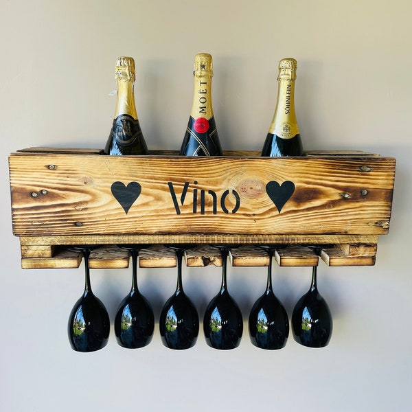Weinregal Vino-Love | Geschenk, Flaschenregal Halterung für 6 Weingläser - Wandbar Rustikal Wandregal Holz Vintage Europalette geflammt