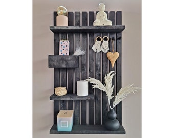 Étagère murale en bois noir - Étagère de rangement pour panneaux en bois 100 x 60 cm - Étagère décorative, baguettes en bois, entretoises en bois, panneau mural, étagère acoustique