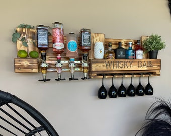 Whiskey Bar, Vaderdagcadeau Gepersonaliseerd met naam - Rustiek wijnrek, wandbar Vintage hout, flessenhouder en wijnglashouder