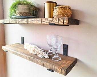 Antique wall shelf for kitchen & living room wall | Rustic wall hanging shelf | Industrial look shelf with metal angle | Reclaimed wood, used