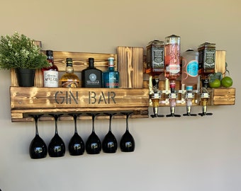 WALL BAR SHORT SHELF Gepersonaliseerd met DOSER, barplank whiskyplank met drankdispenser, houten flessenhouder, rustiek hout, tapsysteem