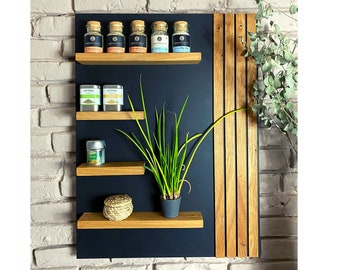 Especiero Madera de Roble Negro 80 x 60 cm | Organizador para especias, accesorios | Estante para la cocina, almacenamiento de especias moderno, estante de pared con panel