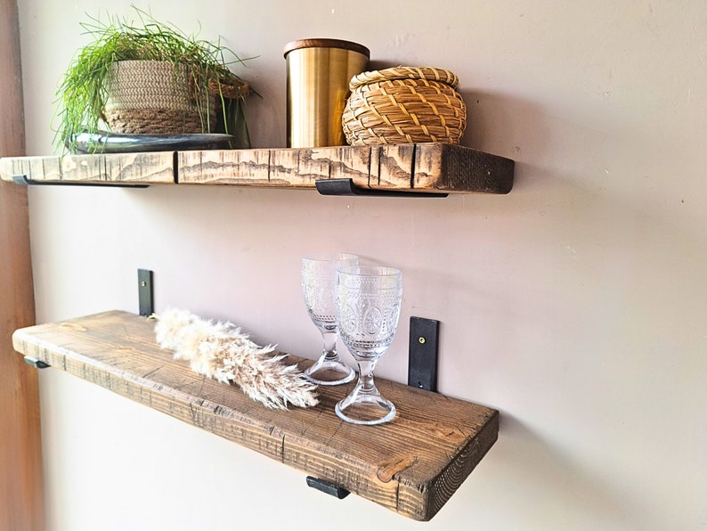 Rustic Wall Shelf Handmade Antique Wall Board for Kitchen & Living Room Industrial Look Shelf with Metal Brackets Reclaimed Wood, Used image 6