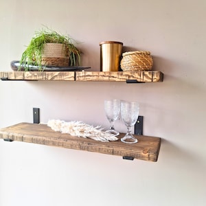 Rustic Wall Shelf Handmade Antique Wall Board for Kitchen & Living Room Industrial Look Shelf with Metal Brackets Reclaimed Wood, Used image 3