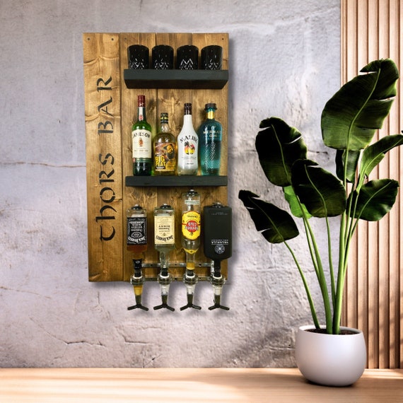 Rustic Shelf, Wall Bar Oak Look & Black With Drinks Dispenser