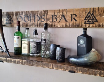 Personalized Viking Bar - 100 x 20 cm, Rustic real wood whiskey shelf, Handcrafted wall shelf for spirits, Ideal as a gift