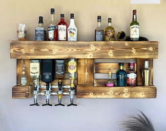 Rustic Wall Bar with Drink Dispenser - Personalized with Name - Vintage Home Bar, Flamed Solid Wood - Individually Customizable