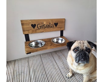 Rustic dog feeding station - brown wood & black steel - 2 feeding bowls each 700ml