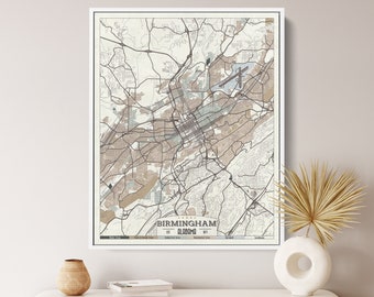 BIRMINGHAM Alabama Framed Canvas Map Print Retro Style Floating Frame Wall Art  Ready to Hang White Floater Frame Beige Green Tan  Retro Map