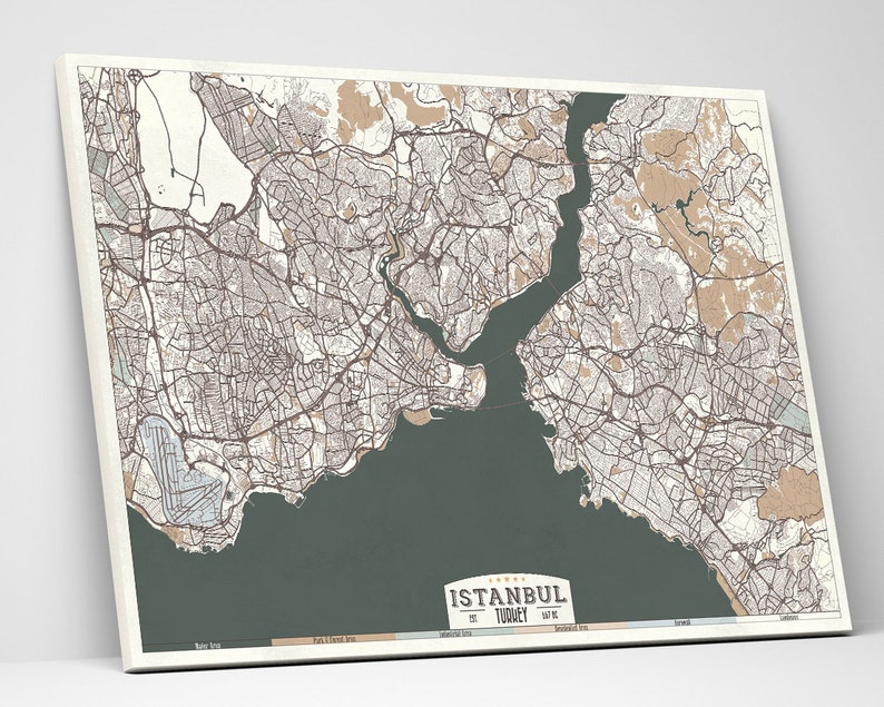 ISTANBUL Turkey Rolled Canvas Print Map Retro Style Large Canvas Print Horizontal Wall Art Beige Green Gray Ivory White Colors Retro Map