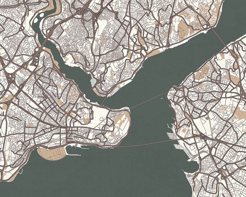 ISTANBUL Turkey Rolled Canvas Print Map Retro Style Large Canvas Print Horizontal Wall Art Beige Green Gray Ivory White Colors Retro Map