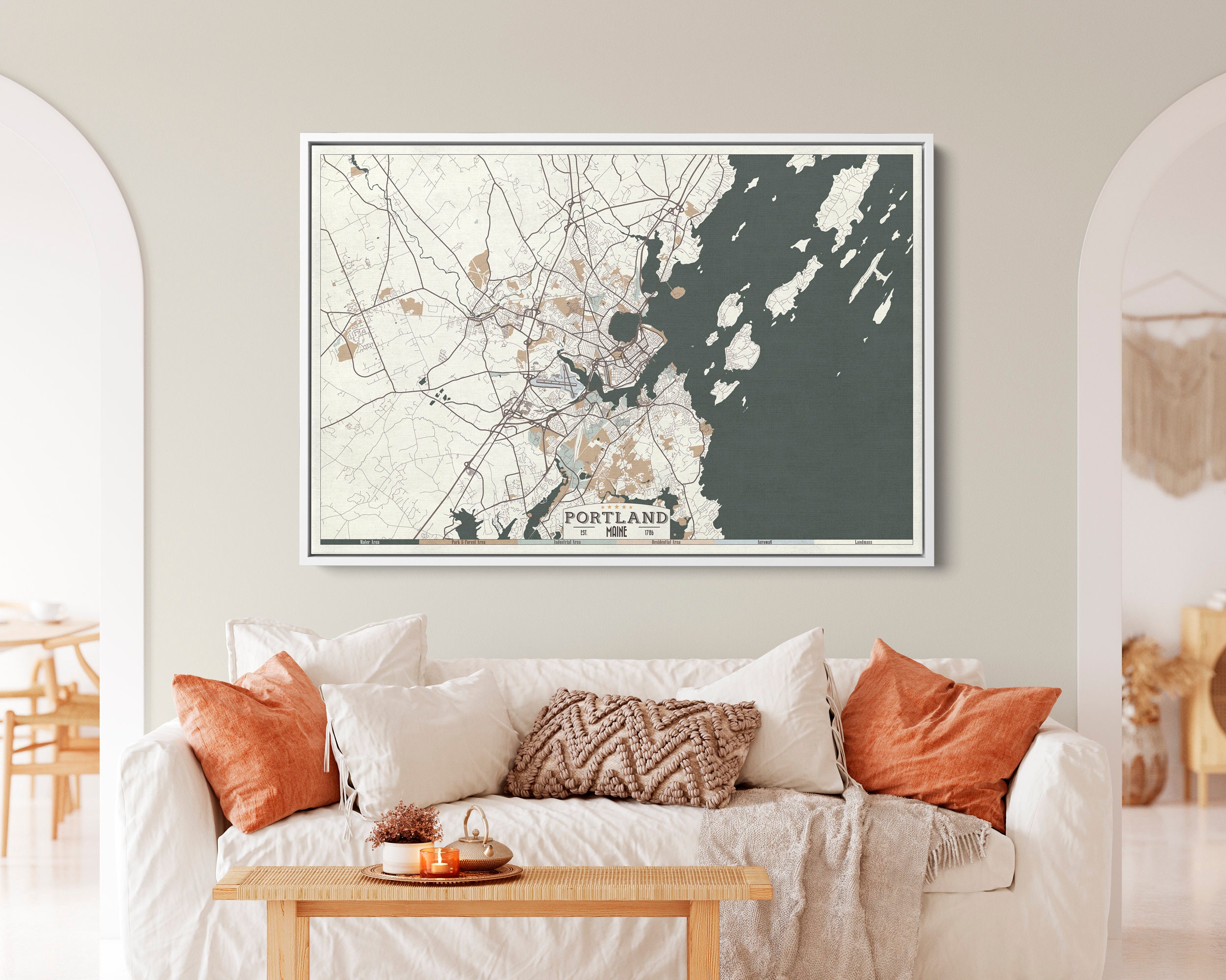 PORTLAND Maine Framed Canvas Map Print Retro Style Floating Etsy