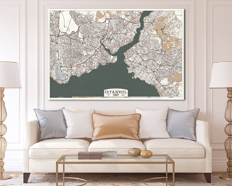 ISTANBUL Turkey Rolled Canvas Print Map Retro Style Large Canvas Print Horizontal Wall Art Beige Green Gray Ivory White Colors Retro Map