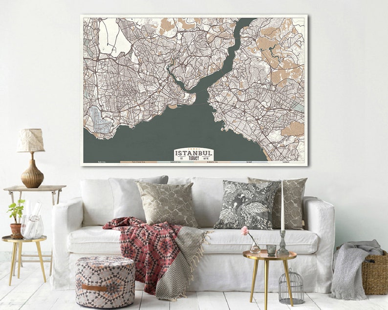 ISTANBUL Turkey Rolled Canvas Print Map Retro Style Large Canvas Print Horizontal Wall Art Beige Green Gray Ivory White Colors Retro Map