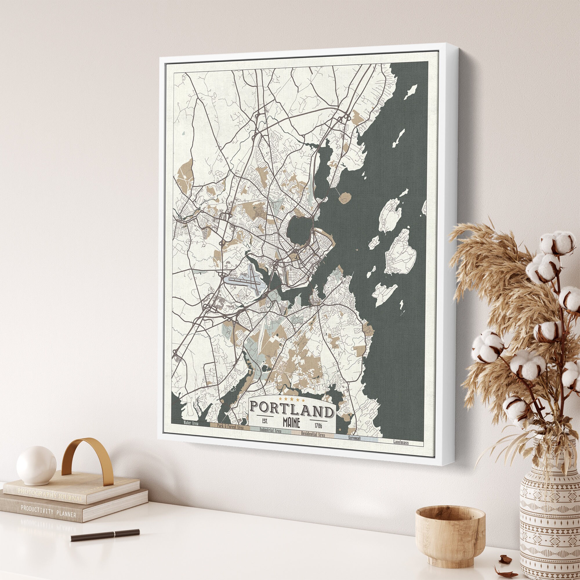 PORTLAND Maine Framed Canvas Map Print Retro Style Floating Etsy