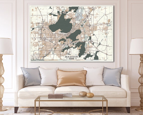 Madison Wisconsin Canvas Map Retro Style Large Stretched Canvas Print Horizontal Wall Art Beige Gray Ivory Colors Retro Map