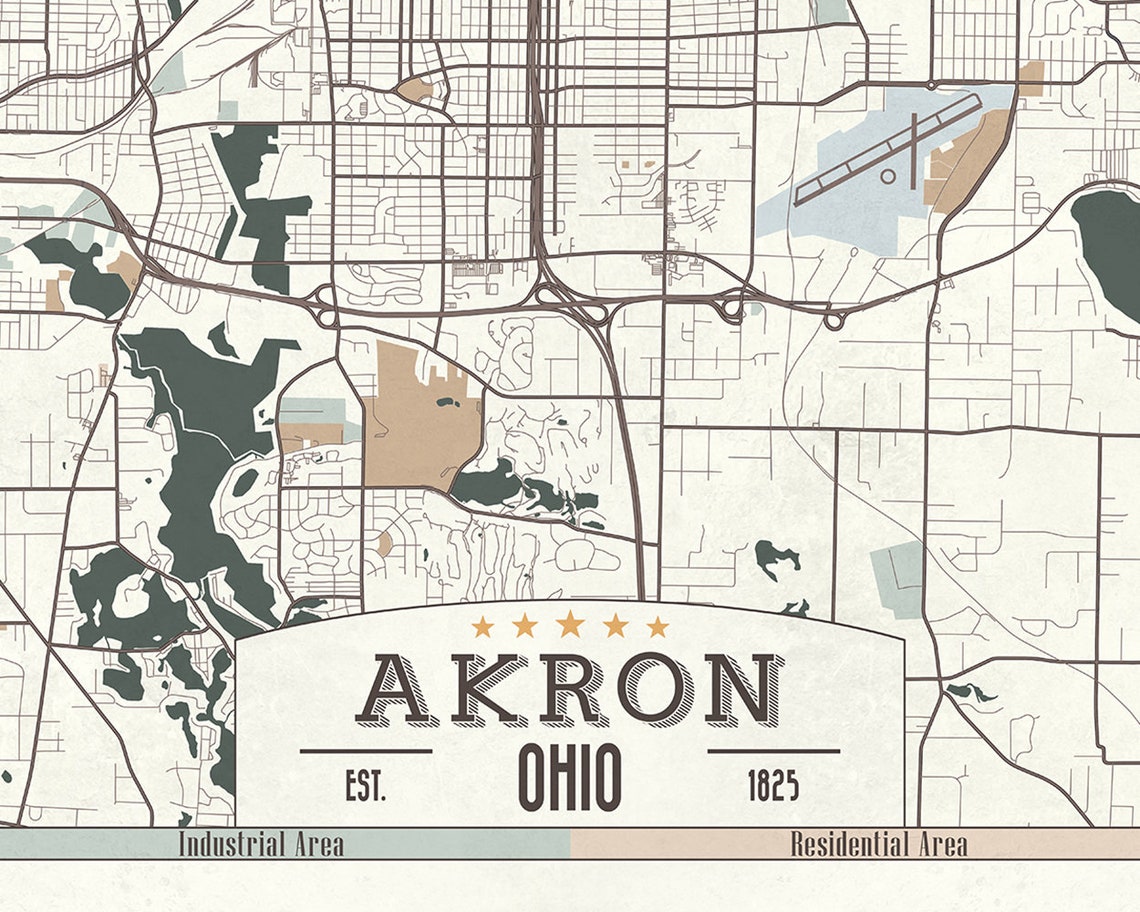 AKRON Ohio Rolled Canvas Map Retro Style Large Canvas Print Etsy