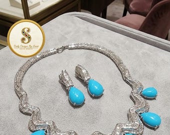 Luxury Blue Turquoise CZ Necklace Earring Set, Silver Tone Bridal Jewelry