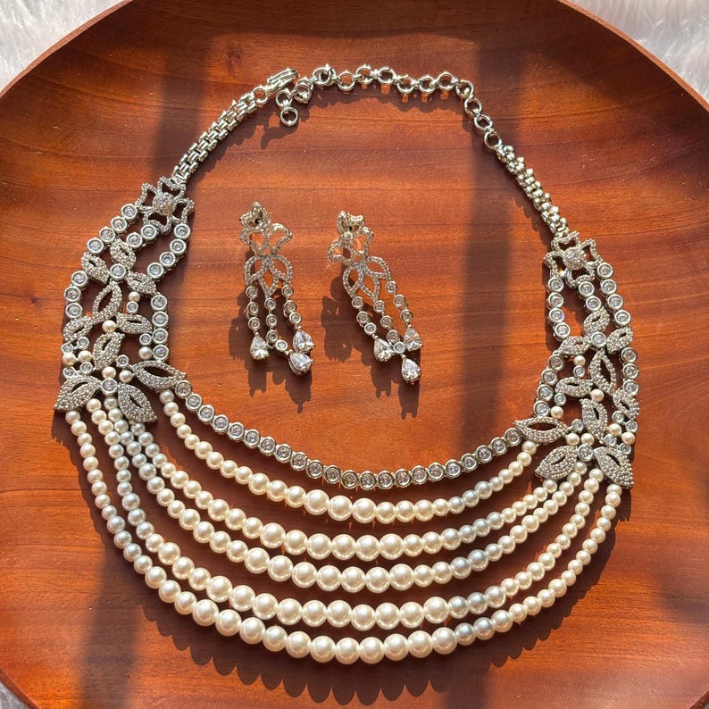 CZ Pearl Layered Necklace & Earring Set: Silver Tone Wedding Jewelry image 3